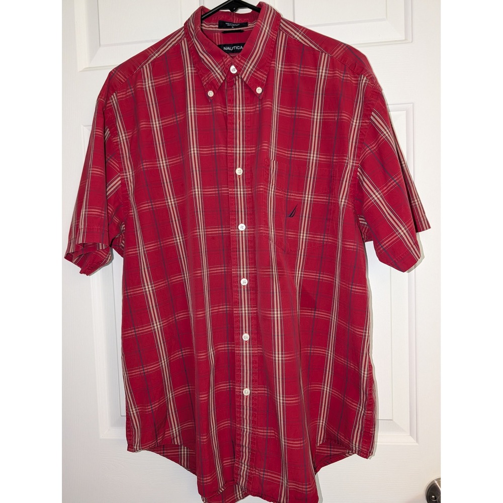 Nautica Mens Red Plaid Short Sleeve Button Down Shirt Cotton Large Preppy Retro